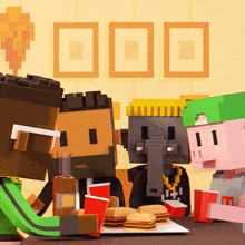 a group of cartoon characters are sitting around a table with a plate of food