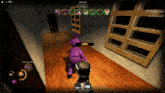 a video game with a purple teddy bear and a person standing next to it