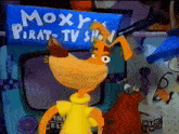 a cartoon character is standing in front of a moxy 's pirates tv show sign