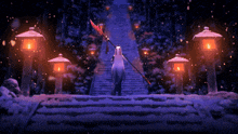 a girl with long white hair is standing on a snowy staircase holding a pink object