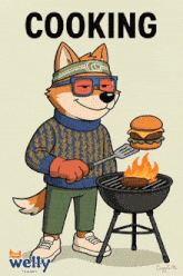 a cartoon of a dog cooking a hamburger
