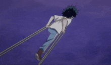 a cartoon of a man laying on the ground with a rope around his neck