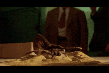 a man in a suit and tie stands behind a spider on a table