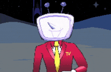 a pixel art drawing of a man in a suit and tie with a tv logo on his chest