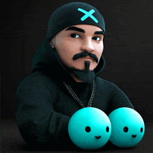 a man wearing a black hat with an x on it holds two blue balls