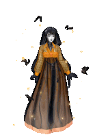 a drawing of a woman in a long dress with bats around her