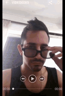 a man wearing glasses and a black tank top is playing a video