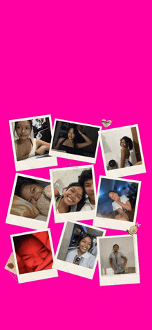 a pink background with a collage of photos of a woman