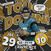 an advertisement for jac lawrence with a football in his hand