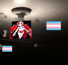 a picture of a robot with red hair and a transgender flag in the background