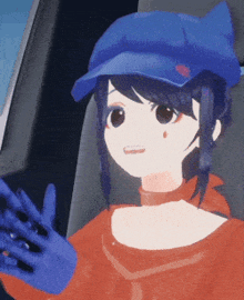 a cartoon girl wearing a blue hat and gloves is sitting in a car