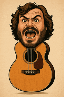 a cartoon drawing of a man with a beard holding an acoustic guitar with his mouth open