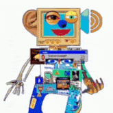 a cartoon drawing of a robot with a computer screen on his head