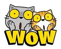 two cartoon cats are standing next to each other and looking at the word wow .