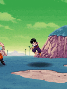 a cartoon character is jumping in the air with a green background