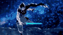 a cartoon character is holding a blue sword in a dark room .