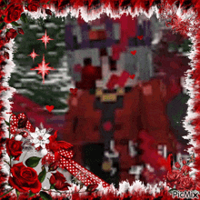 a picture frame with red roses and a picture of santa claus