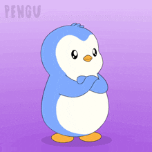 a blue and white penguin is standing on a purple background with the word pengu on it