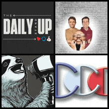 a sloth is holding a camera in front of a sign that says daily up stand