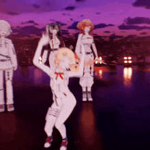 a group of anime characters are dancing in front of a city