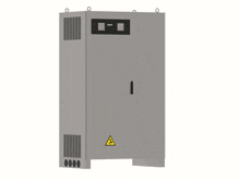 a gray cabinet with a yellow warning sign on the side