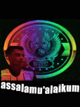 a man stands in front of a rainbow colored logo that says btc