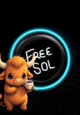 a bull holding a cup of coffee in front of a sign that says " free sol "