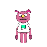 a pink cartoon character with a square on his shirt