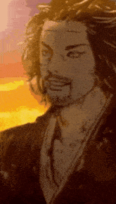 a man with long hair and a beard is smiling in a cartoon .