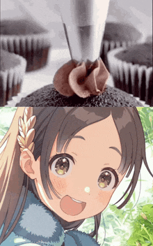 a girl is smiling next to a cupcake with chocolate frosting