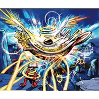 a cartoon drawing of a monster with a sword and a large object in the background