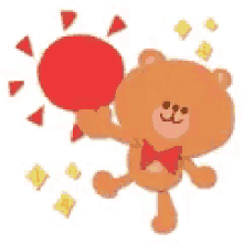 a teddy bear is holding a red balloon in front of a red sun .