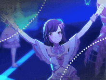 a girl with purple hair and a pink bow on her head is dancing with her arms outstretched