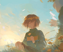 a girl with a flower crown on her head sits in a field