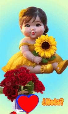 a baby girl in a yellow dress is holding a sunflower and roses
