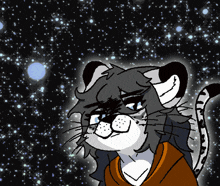 a cartoon drawing of a cat with a starry background