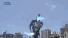 a man in a superhero costume is standing in front of a city with a blue shield around him .