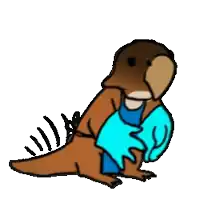a cartoon drawing of a bird holding a blue glove
