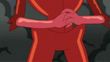 a cartoon character in a red latex suit has his hands folded