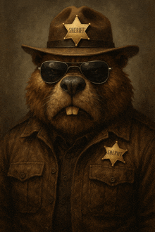 a beaver wearing sunglasses and a sheriff badge on his chest