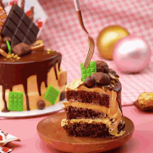 a slice of chocolate cake on a plate with a fork sticking out of it