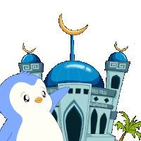 a cartoon penguin stands in front of a mosque