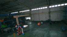 a warehouse with a bunch of explosions going on