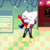 a cartoon character is dancing in front of a vending machine with a red star on it