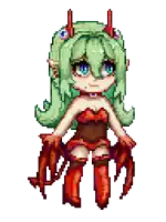 a pixel art drawing of a girl with green hair and blue eyes