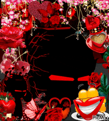 a collage of red flowers and hearts with a picture of a smiling face in the middle