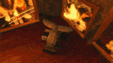 a computer generated image of a room with a fire coming out of it