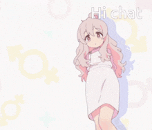 a cartoon of a girl with pink hair and the words hi chat behind her