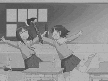 a black and white cartoon of three girls in a classroom with one girl holding a trophy