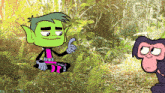 a cartoon character with green hair is sitting in a lotus position while a monkey looks on